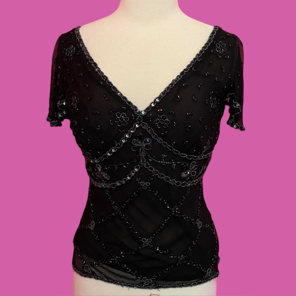 Vintage 90s Beaded Silk Evening Top Black Size XL Glam